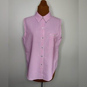 Chico's Sleeveless Seersucker Red White Stripe Button Front Blouse Size Large